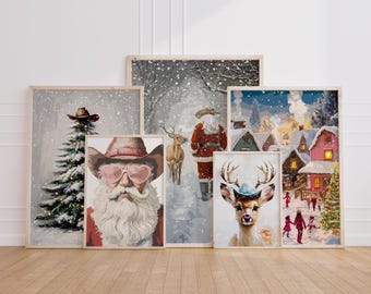 Zestaw ścienny na Boże Narodzenie, Western Santa, Fun Santa, Western Christmas Tree, Reindeer Print, Dekoracja ścienna na Boże Narodzenie, Fun Christmas Prints, Santa Print
