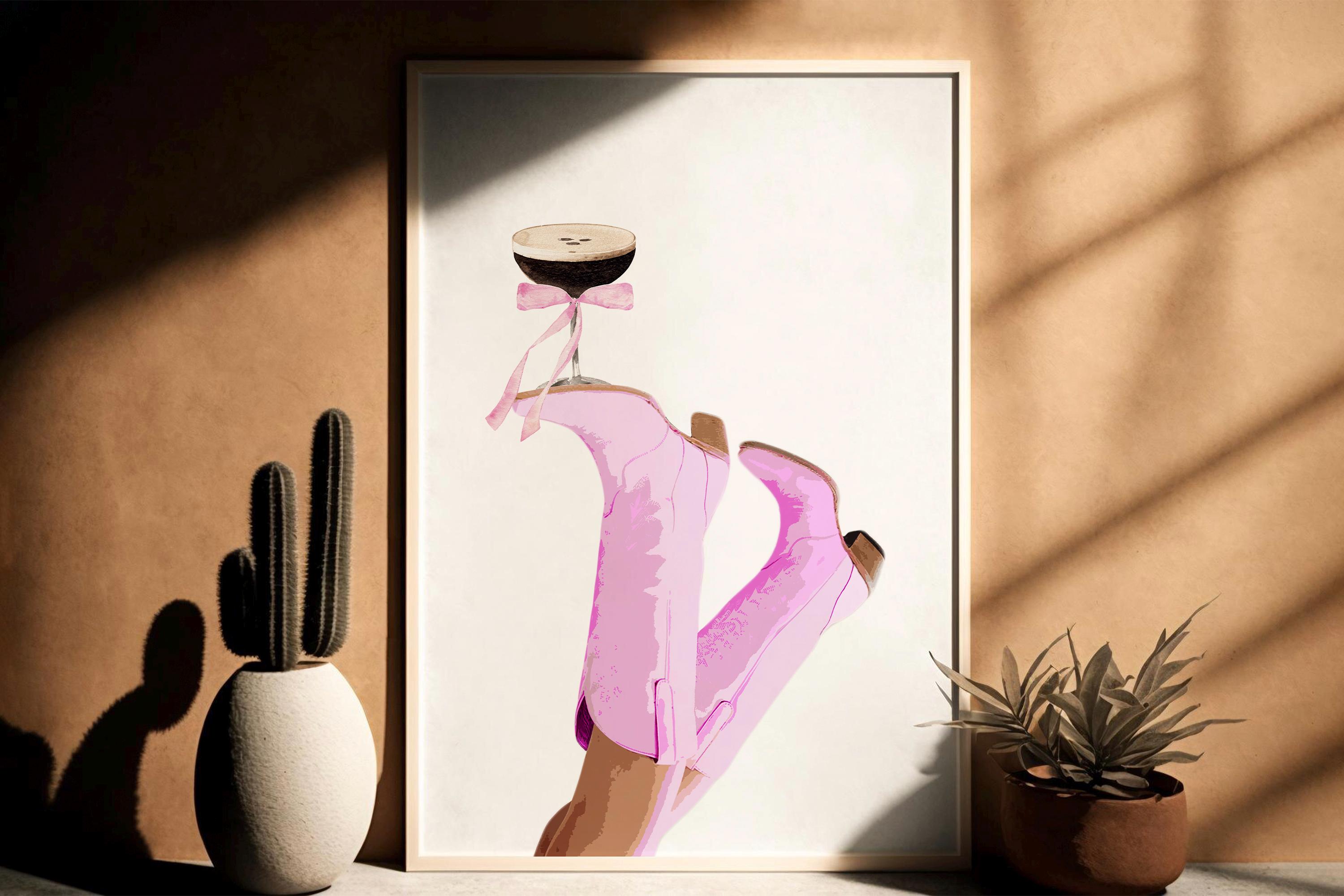Pink Cowgirl Espresso Martini, Digital Download, Bottoms Up,Martini Print, Rodeo Poster, Preppy Western Wall Art, Cowboy Boots, Coquette