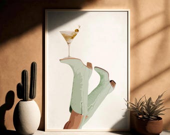 Sage Green Cowgirl Martini Art,Digital Download Print,Preppy Western Decor,Rodeo Wall Art,Coquette Poster,Cowgirl Boots Art,Bottoms Up Decor