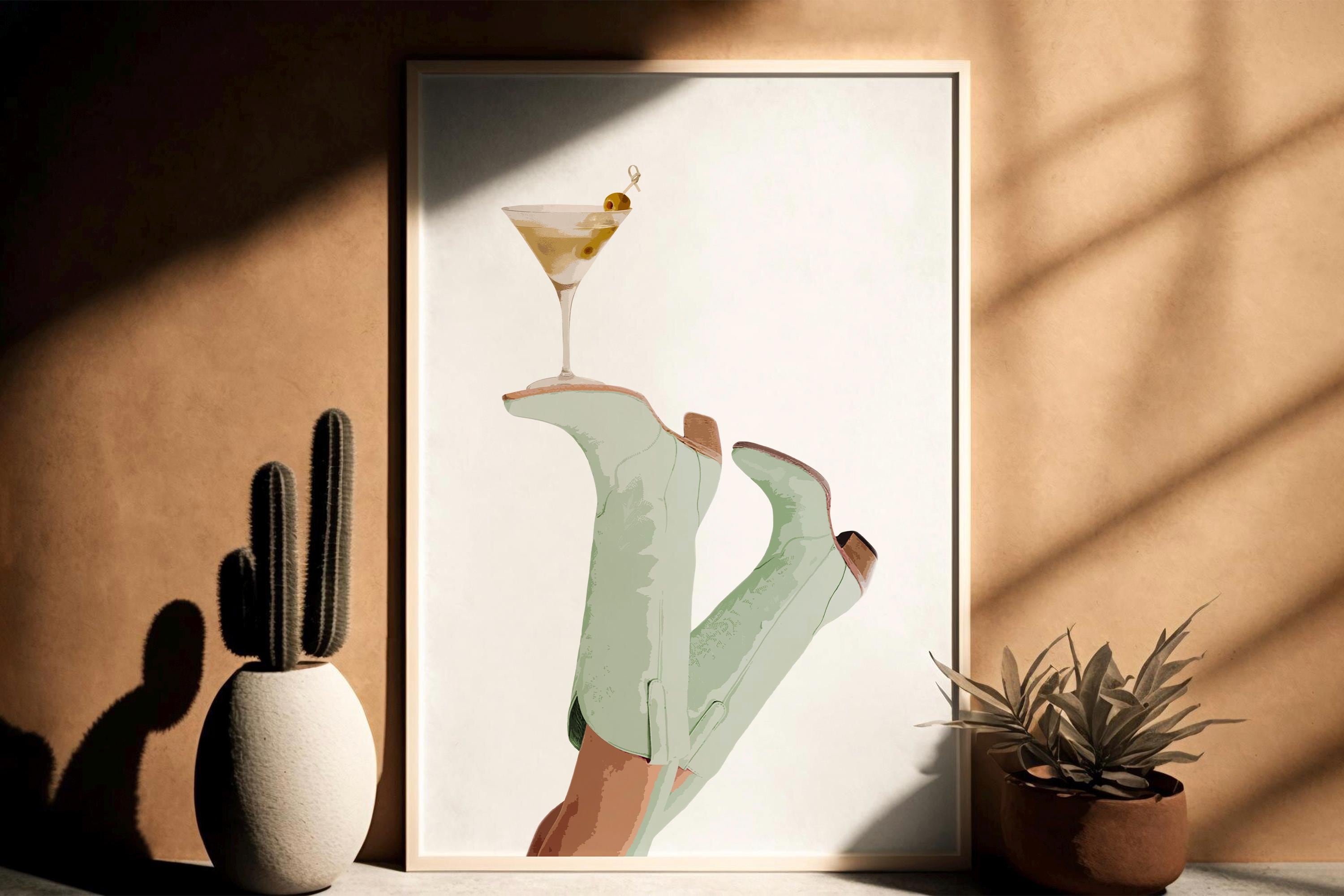 Sage Green Cowgirl Martini Art,Digital Download Print,Preppy Western Decor,Rodeo Wall Art,Coquette Poster,Cowgirl Boots Art,Bottoms Up Decor