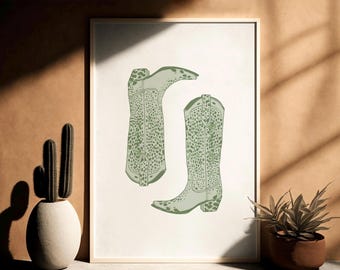 Sage Green Cowgirl Boots, Cheetah Print, Western Print, Cowgirl Boots Cheetah Print, Cowgirl Print,Preppy Western Decor, Rodeo Wall Art