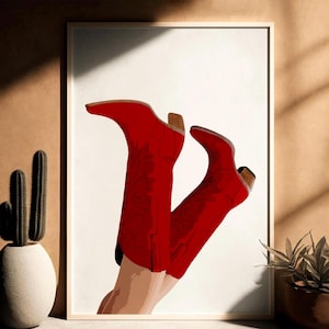 Red Cowgirl Boots Digital Download, Coquette Poster,Western Print,Rodeo Poster,Preppy Western Wall Art, Red Cowgirl Boots, Bottoms Up