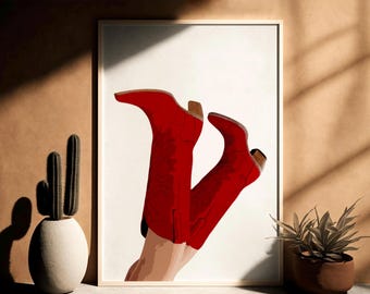 Red Cowgirl Boots Digital Download, Coquette Poster,Western Print,Rodeo Poster,Preppy Western Wall Art, Red Cowgirl Boots, Bottoms Up