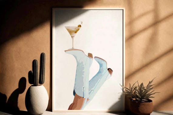 Light Blue Cowgirl Martini, Digital Download,Coquette Poster,Dry Martini Print,Rodeo Poster,Preppy Western Wall Art,Cowgirl Boots,Bottoms Up