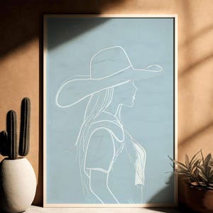 Abstract Cowgirl Print, Light Blue Wall art, Western Print, Preppy Western Decor,Rodeo Wall Art,Coquette Poster,Boho Decor,Bohemian Wall Art