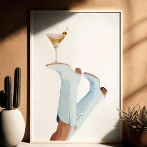 Pósteres verticales mate de vaquera martini, póster de coqueta, impresión de martini seco, impresión de vaquera, póster de rodeo, arte de pared occidental preppy, Bottoms Up