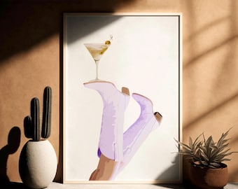 Lavender Cowgirl Martini, Digital Download, Plakat Coquette, Wydruk Dry Martini, Plakat Rodeo, Sztuka ścienna w stylu preppy western, Buty kowbojki, Bottoms Up