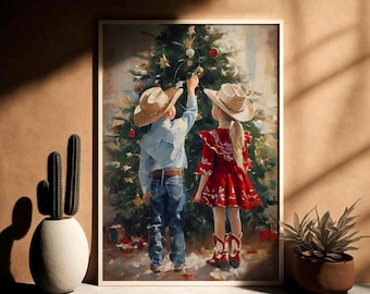 Christmas Tree Print, Cowgirl Print, Cowboy Print, Western Christmas Decor, Christmas Wall Art, Christmas Print, Western Christmas,Oil Print