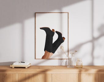 Czarne kowbojskie buty do pobrania w wersji cyfrowej, plakat „Coquette”, nadruk w stylu western, plakat „Rodeo”, sztuka ścienna w stylu preppy western, czarne kowbojskie buty, nadruk w stylu preppy