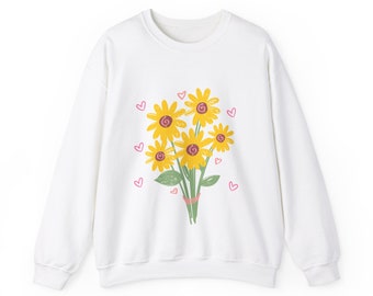 Sudadera unisex Heavy Blend Crewneck, camiseta boho daisy, camiseta abstracta de mosturd botánico, camiseta floral retro, camiseta wildflower de moda