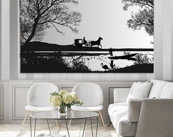 Arte imprimible en blanco y negro, arte de exposición, póster imprimible de alta calidad, impresiones de arte de galería inspiradas, decoración de arte de lagos y caballos