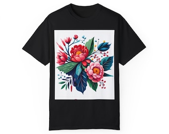 Camiseta unisex teñida de ropa, floral botánico, camiseta de flores rojas, camisa abstracta salvaje, camiseta de ventage, flor silvestre estética, elegante