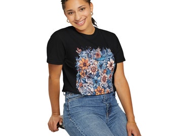 Camiseta unisex teñida de ropa, camisa de naturaleza floral pastel, camiseta abstracta de flores silvestres, camiseta colorida cómoda de flores prensadas, camiseta de verano