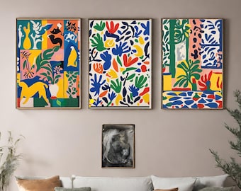 Matisse Print set de 3, Impresión Matisse enmarcada, Henry matisse, Cartel de Matisse para arte de exposición de galería moderna, Pinturas recortadas de Matisse