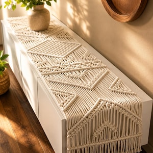 Handmade Macrame Table Runner | Boho Cotton Fringe Dining Linen