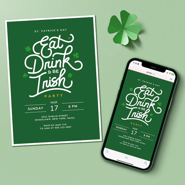 St Patrick's Day "Eat Drink & Be Irish" Editable Party Invitation, St Patrick's Day Party Invitation, Invitation St Patrick's Day Dinner