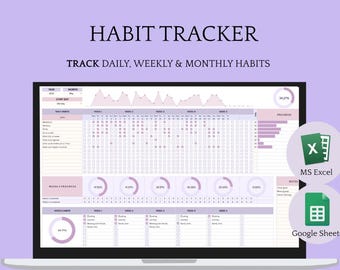 May include: A laptop displays a digital habit tracker with a purple and white color scheme. The text "HABIT TRACKER" and "TRACK DAILY, WEEKLY & MONTHLY HABITS" are at the top. Icons for MS Excel and Google Sheets are on the right.
