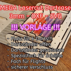 Lasercut sjabloon MEGA dart case, dart box, SVG, DXF, 3 mm, voor 6 darts, vak voor shafts, vak voor flights, dartstandaard open & gesloten