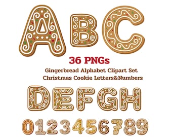 Gingerbread Alphabet Clipart Set • Christmas Cookie Letters & Numbers • Holiday Front PNG • Festive Xmas Cookie ABC 0-9. Alphabet PNG.