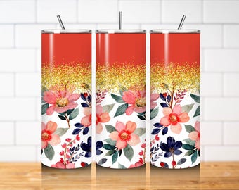 Coral Floral Tumbler Wrap PNG 20oz Skinny Straight Gold Glitter Watercolor Flowers Sublimation Tumbler Design Download