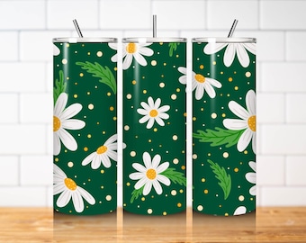 Daisy Tumbler Wrap PNG 20oz Skinny Straight Green Floral Sublimation Design Cute Flower Digital Download
