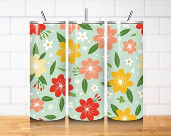 Retro Floral Tumbler Wrap PNG 20oz Skinny Straight Wildflower Sublimation Design Boho Flower Digital Download