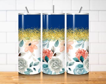 Navy Blue Floral Tumbler Wrap PNG 20oz Skinny Straight Gold Glitter Watercolor Flowers Sublimation Design Download