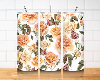 Peach Rose Tumbler Wrap PNG 20oz Skinny Straight Watercolor Floral Butterfly Sublimation Design Digital Download