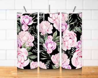 Black Pink Peony Tumbler Wrap PNG 20oz Skinny Straight Watercolor Floral Sublimation Design Digital Download