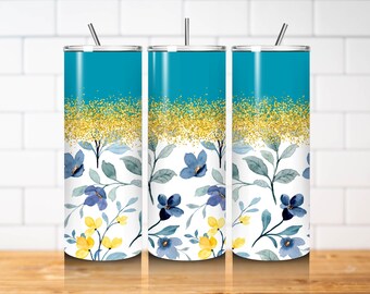 Blue Yellow Floral Tumbler Wrap PNG 20oz Skinny Straight Gold Glitter Watercolor Flowers Sublimation Design Download
