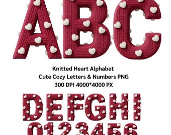 Knitted Heart Alphabet • Cute Cozy Letters & Numbers PNG, Alphabet PNG, 300 DPI (4000*4000 px)(Digital Download)