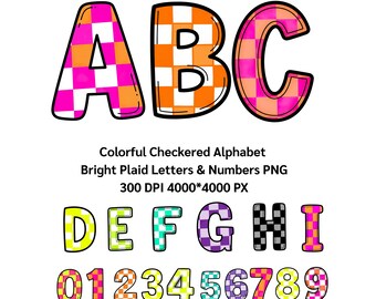Colorful Checkered Alphabet • Bright Plaid Letters & Numbers PNG, 300DPI 4000*4000 PX