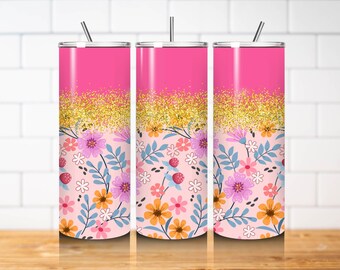 Retro Floral Tumbler Wrap PNG 20oz Skinny Straight Pink Glitter Flower Sublimation Design Digital Download