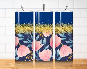 Navy Pink Tulip Tumbler Wrap PNG 20oz Skinny Straight Gold Glitter Floral Sublimation Design Digital Download