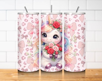 Cute Unicorn Tumbler Wrap PNG 20oz Skinny Straight Sublimation Design Kawaii Rainbow Unicorn Floral Bow Digital Download