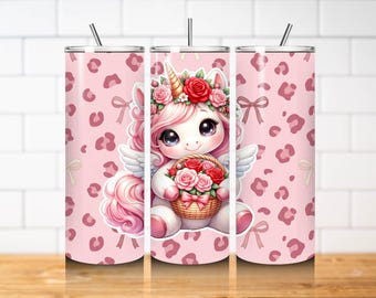 Pink Unicorn Tumbler Wrap PNG 20oz Skinny Straight Sublimation Design Cute Floral Unicorn Leopard Bow Digital Download