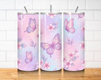 Butterfly Tumbler Wrap PNG 20oz Skinny Straight Sublimation Design Pastel Butterfly Floral Glitter Digital Download