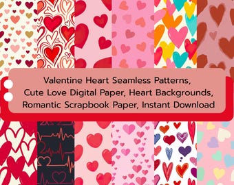 Valentine Heart Seamless Patterns, Cute Love Digital Paper, Heart Backgrounds, Romantic Scrapbook Paper, valentine seamless pattern.