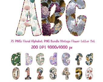 Floral Alphabet PNG Bundle Vintage Flower Letter Set Sublimation Font Clipart ABC Monogram Letters Numbers Download