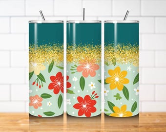 Retro Floral Tumbler Wrap PNG 20oz Skinny Straight Teal Glitter Flower Sublimation Design Digital Download