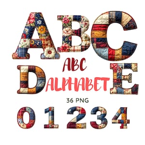 May include: A collection of quilted fabric letters and numbers. The letters A, B, C, D, and E are displayed, along with the numbers 0, 1, 2, 3, and 4. The text "ABC ALPHABET 36 PNG" is also present.