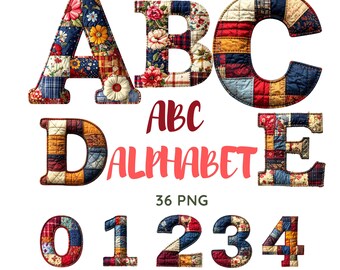 Alfabeto y números para patchwork (PNG) / Letras para patchwork (Clipart) / Fuente de tela acogedora (Descarga digital) para manualidades, costura y sublimación