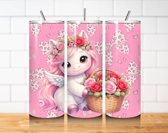 Pink Unicorn Tumbler Wrap PNG 20oz Skinny Straight Sublimation Design Cute Floral Unicorn Bow Digital Download