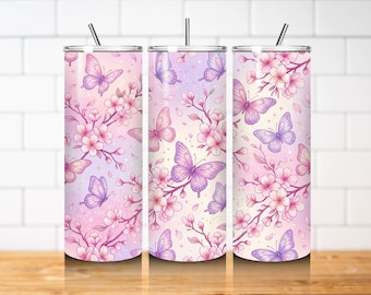 Butterfly Cherry Blossom Tumbler Wrap PNG 20oz Skinny Straight Sublimation Design Pastel Floral Digital Download