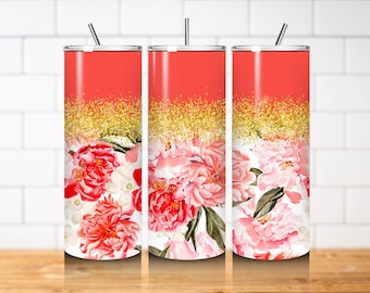 Coral Pink Floral Tumbler Wrap PNG 20oz Skinny Straight Gold Glitter Watercolor Peony Rose Sublimation Design Download
