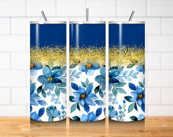 Blue Floral Tumbler Wrap PNG 20oz Skinny Straight Navy Glitter Flower Sublimation Design Digital Download