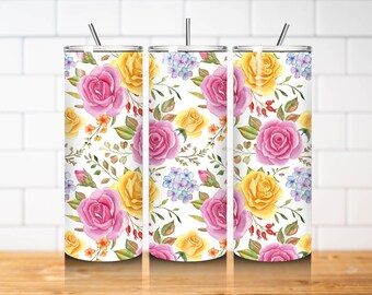 Pink Yellow Rose Tumbler Wrap PNG 20oz Skinny Straight Watercolor Floral Sublimation Design Digital Download