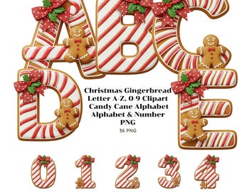 Christmas Gingerbread Letter A-Z, 0-9 Clipart • Candy Cane Alphabet • Cute Gingerbread Man Cookie Letter • Holiday Monogram PNG.