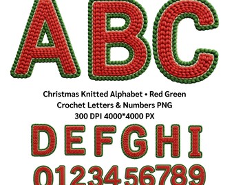 Christmas Knitted Alphabet • Red Green Crochet Letters & Numbers PNG, Alphabet PNG, 300 DPI (4000*4000 px)(Digital Download)