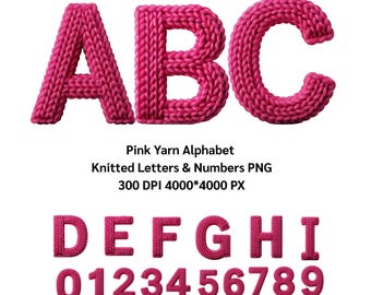 Pink Yarn Alphabet • Knitted Letters & Numbers PNG, Alphabet PNG, 300 DPI (4000*4000 px)(Digital Download)